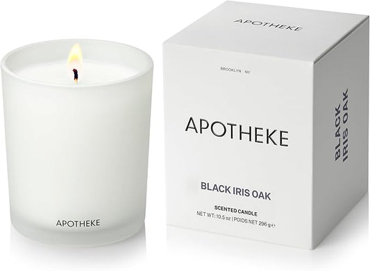 Apotheke Signature Scented Candles for Home, Black Iris Oak - 10.5 oz - Soy Wax, Non Toxic, Large Jar White - Luxury Candle Gifts for Women & Men - Black Pepper, Cinnamon, Musk, and Violet - Bloomnest