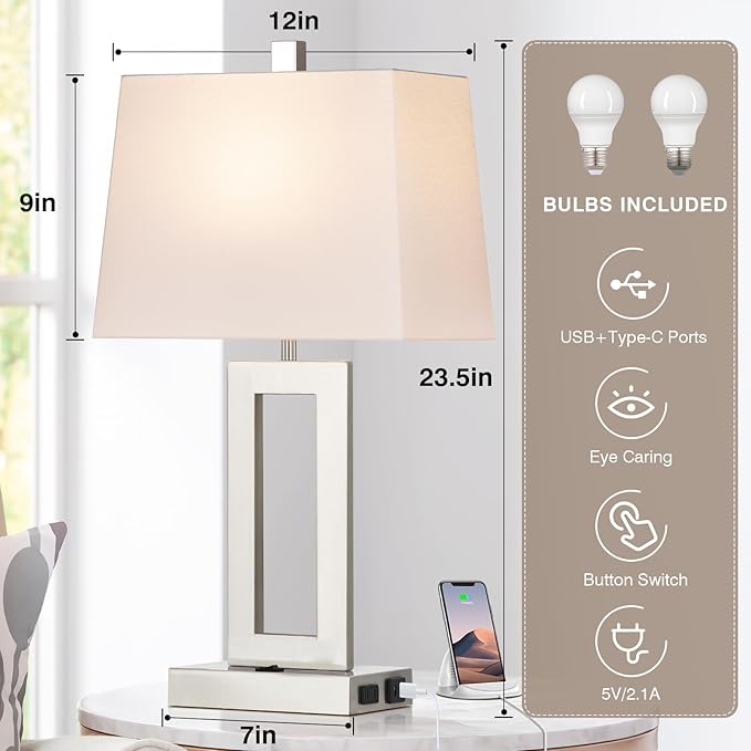 Table Lamp Set of 2 with USB C+A Ports & AC Outlet, Bedside Lamps, Modern Bedroom Lamps, Silver Lamps for Night Stands Bedroom Living Room,Nightstand Lamp - Bloomnest
