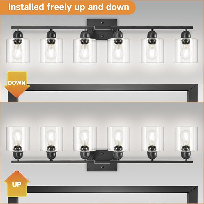 Modern 6 Light Bathroom Light Fixtures,38 inch Vanity Lights for Bathroom with Clear Glass, Black Vanity Light for Mirror Kitchen Living Room Hallway Cabinet Porch - Bloomnest