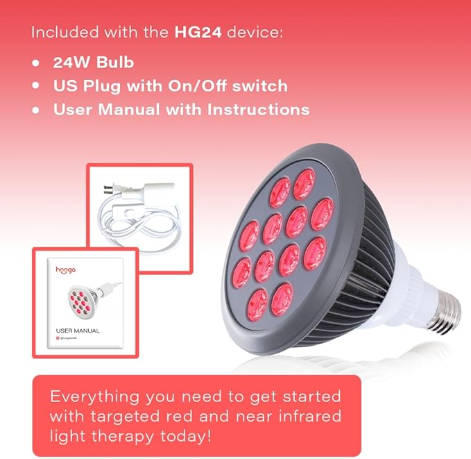 hooga Red Light Therapy Bulb, 660nm & 850nm Red & Near Infrared Light, 12 Dual-Chip LEDs, Targeted Light Bulb with Base & Braided Power Cord for Home Wellness Routine, HG24 Hooga