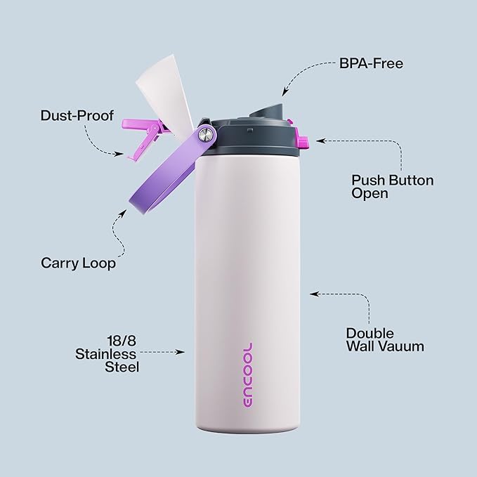 Insulated Water Bottle with Straw - Encool Stainless Steel Water Bottle with Push Button Lid, Leak-Proof & BPA-Free, Keeps Cold for 24 Hours for Sports, Travel, Gym (24 oz, Oyster Pink) ENCOOL