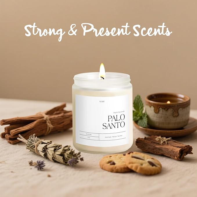 Palo Santo Highly Scented Candle for Home, 9oz Natural Soy Aromatherapy Non Toxic Candles with Essential Oil, Home Fragrance Stress Relief & Meditation Jar Candles Gifts for Women & Men, White - Bloomnest