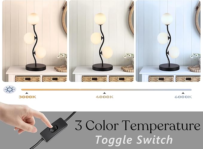 3-Light Curve Black Globe Table Lamp Mid Century Flower Beside Desk Table Light with Milk White Glass Shade Metal Base Nightstand Lamp for Bedroom Bedside - Bloomnest