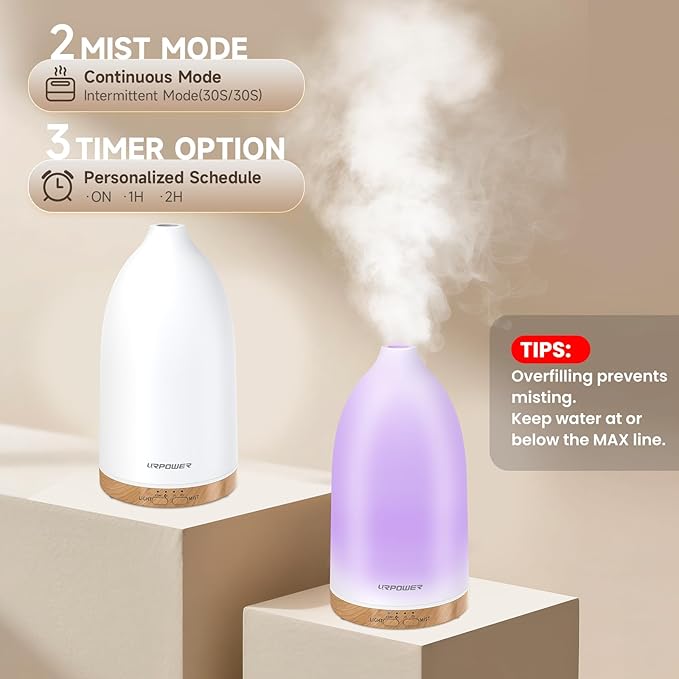 URPOWER Essential Oil Diffuser with 7 LED Color Changing Lights, Timer & Auto-Off - Ultrasonic Aromatherapy Fragrant Oil Humidifier Vaporizer Scent Diffusers for Home, Bedroom, Office, Yoga - Bloomnest
