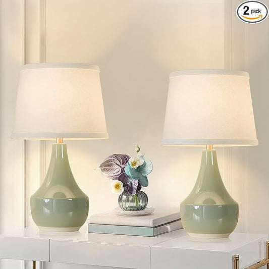 GyroVu Table Lamp Set of 2, 18.63” Ceramic Table Lamp Classic Beside Lamps Nightstand Lamp Modern Lamp for Living Room, Bedroom & Office Rocker Swtich Sage Green-LED Bulbs Included - Bloomnest