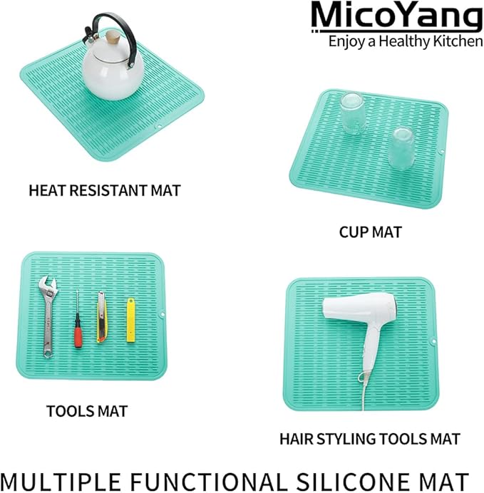 Silicone Dish Drying Mat for Multiple Usage,Easy clean,Eco-friendly,Heat-resistant Silicone Mat for Kitchen Counter or Sink,Refrigerator or Drawer Liner Mint XL 18 inches x 16 inches - Bloomnest