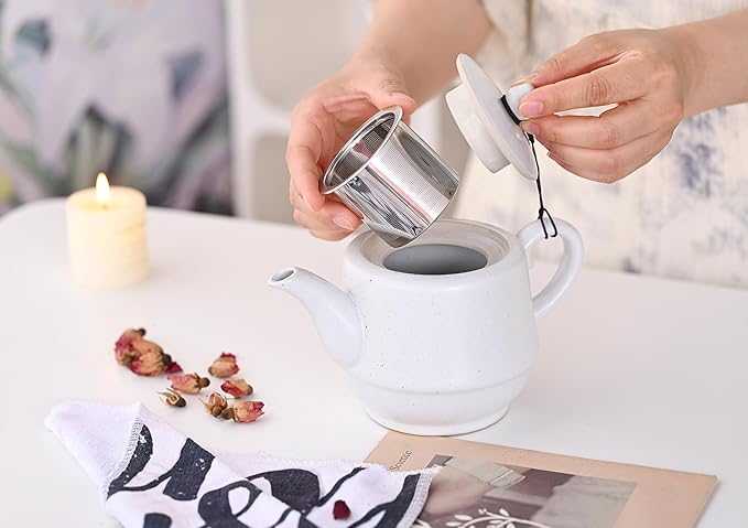 Rural Style Ceramic Teapot with Stainless Steel Infuser 16 Ounces Porcelain Blooming & Loose Leaf Teapot (White)