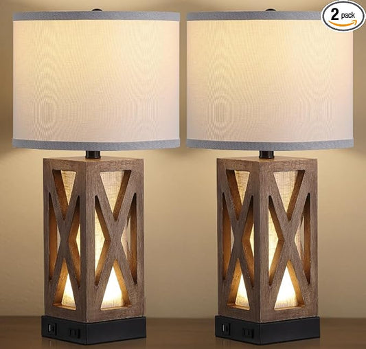 Set of 2 Wood Table Lamp, Vintage Nightstand Lamp with USB Charging Ports A/C, Farmhouse Bedside Lamps for Living Room - Bloomnest