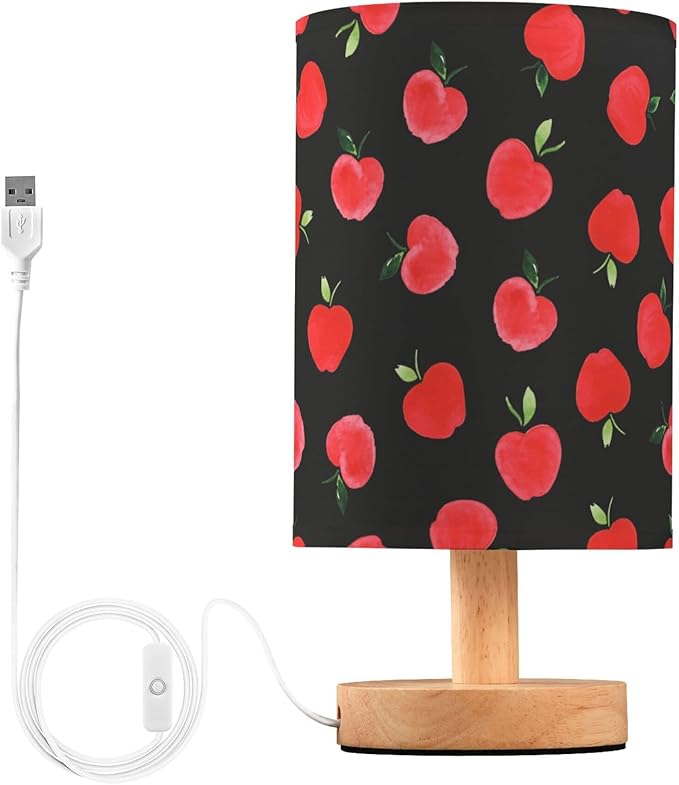 Table Lamp Watercolor Red Apple Pattern Black Nightstand Lamp with Wood Base Fabric Lamp Shade Bedside Desk Lamp for Living Room Bedroom Kids Room Office - Bloomnest