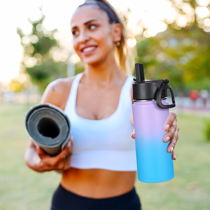 Volhoply Kids Insulated Water Bottle with Straw,16oz Stainless Steel Cold Water Bottles for School,BPA-Free Metal Wide Mouth Cups with Handle,Reusable Double Wall Vacuum Sport Flask(Lavender Blue,1) - Bloomnest