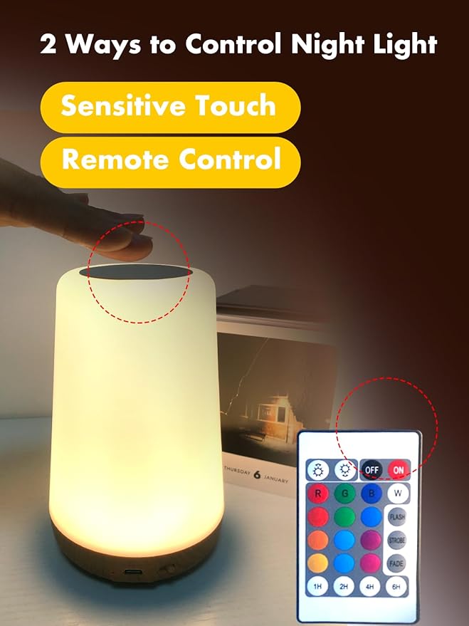 TLAOTNIY Baby Night Light, Dimmable Touch Lamp for Nursery, Portable Rechargeable Bedside Table Lamp for Bedroom, 13 RGB Colors 5 Brightness, Night Lamp for Kids Living Room Bathroom Hallway (D-2pack) - Bloomnest