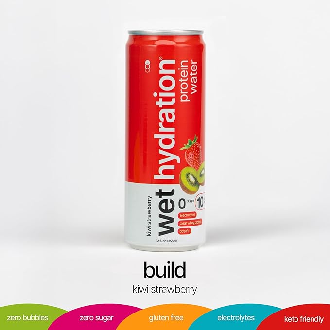 Wet Hydration Protein Water | Electrolyte Drink with Clear Whey Protein & BCAAs - Kiwi Strawberry Flavor (12oz Cans, Pack of 12) | Zero Sugar, 10g Protein, Low Calorie, Functional Hydration - Bloomnest