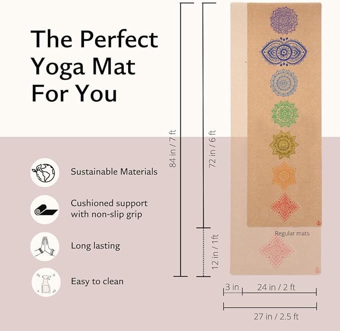 Shakti Warrior Chakra Cork Yoga Mat - Extra Long & Wide, Non Slip, Non Toxic, Great for Yoga, Pilates & Workout (84 x 27 x 2mm Thick) - Bloomnest