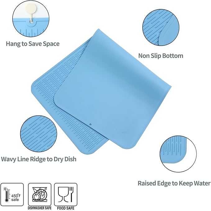 Silicone Dish Drying Mat for Multiple Usage,Easy clean,Eco-friendly,Heat-resistant Silicone Mat for Kitchen Counter or Sink,Refrigerator or Drawer Liner Light Blue 5XL 36inches x 18inches - Bloomnest