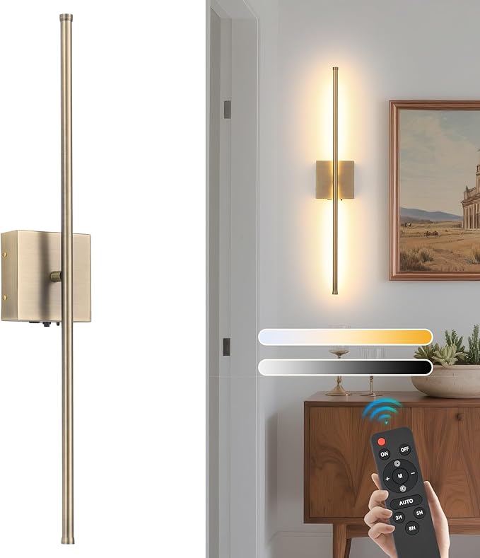 Battery Operated Wall Sconces with Remote Control, 11000mAh Wireless Rechargeable Brushed Bronze Wall Lights, 350°Rotate 3 Color Temperatures Dimmable Wall Lamp, for Bedroom, Living Room, Hallway - Bloomnest