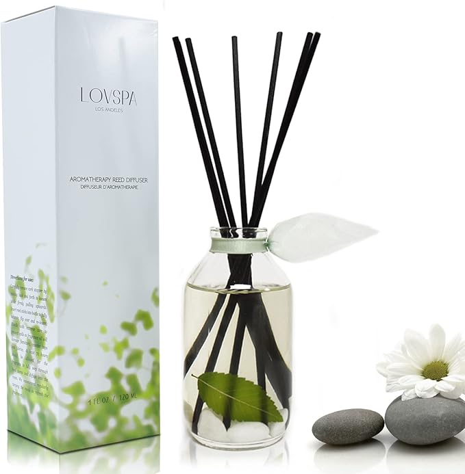 LOVSPA Reed Diffuser Set, Zen White Tea & Ginger Scented Oil Diffuser with Sticks, Home Fragrance Accessories for Bathroom Shelf Decor, Aroma Diffusers for Home or Office Desk, USA Made