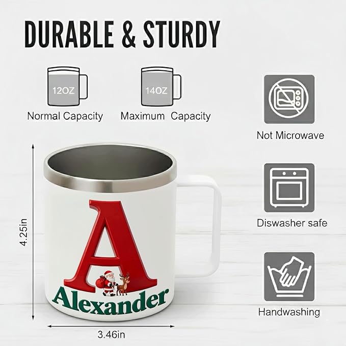 Personalized Christmas Insulated Mug w/Handle, Custom Initial Name, Santa Reindeer Design, Stainless Steel Tumbler, Hot/Cold Drinks, Unique Holiday Gift for Men, Women, Kids(B121) - Bloomnest