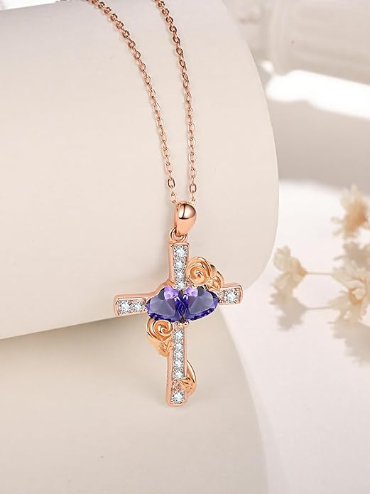 Rose Gold Dual Birthstones Cross Necklace for Women Rose Flower Jewelry Anniversary Christmas Mother's Valentine's Day Birthday Gift for Wife Girlfriend Mom - Bloomnest