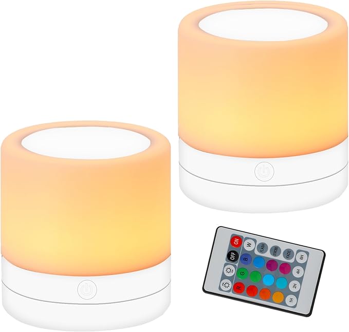 Nursery Night Light for Kids, USB Rechargeable Small Desk Lamp,13 RGB Colors & 4 Brightness & 1 Remote, Touch Bedside Cordless Table Lamp, Portable Night Lamp for Bedroom Living Room (2 Pack White) - Bloomnest