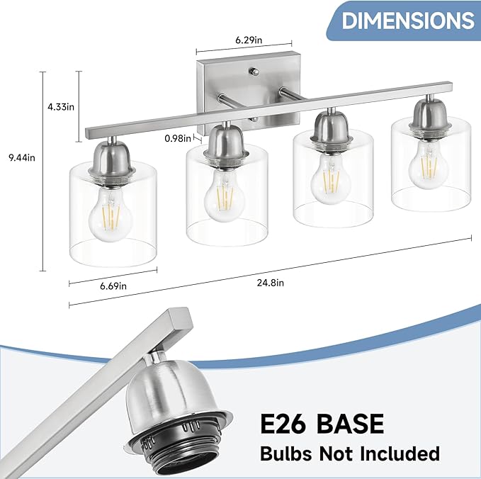 Modern Brushed Nickel 4 Light Bathroom Light Fixtures, 24 inch Vanity Lights for Bathroom with Clear Glass for Mirror Kitchen Living Room Hallway Cabinet Porch - Bloomnest