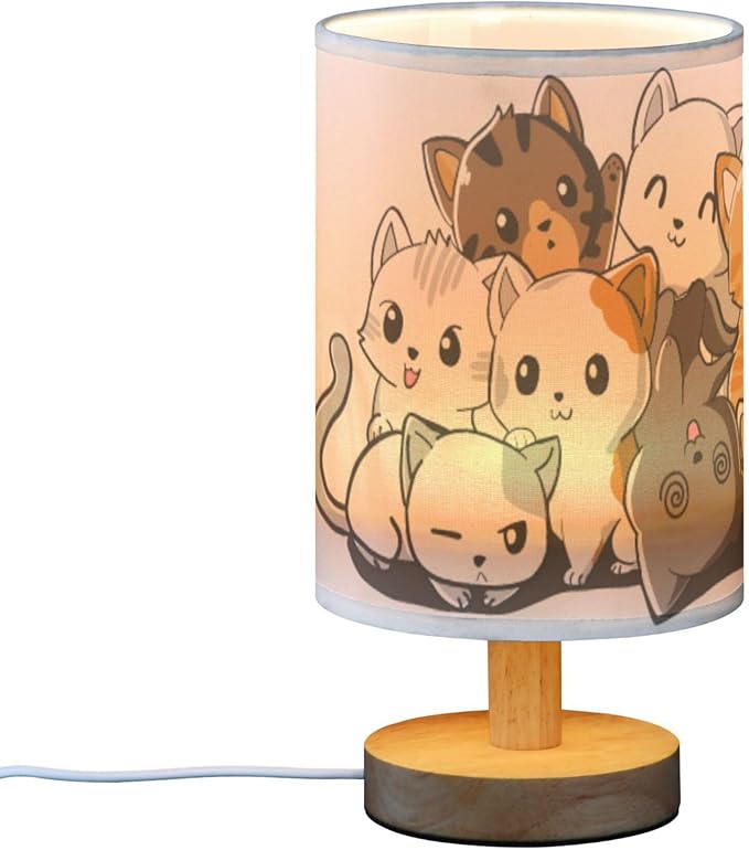 Table Lamp Cute Cartoon Cat Kitten Kitty Nightstand Lamp with Wood Base Fabric Lamp Shade Bedside Desk Lamp for Living Room Bedroom Kids Room Office - Bloomnest
