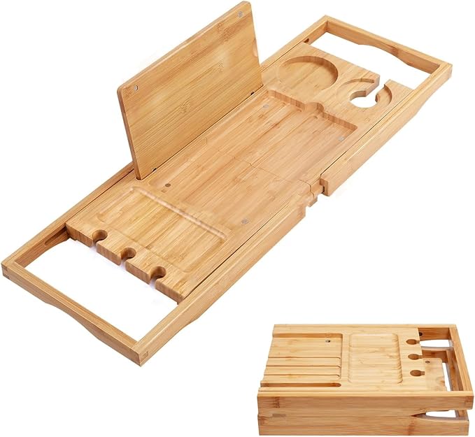 Utoplike Bamboo Bathtub Caddy Tray Bath Tray for Tub, Adjustable Bathroom Bathtub Organizer with Book Tablet Wine Glass Cup Towel Holder (24.5"-37.4") - Bloomnest