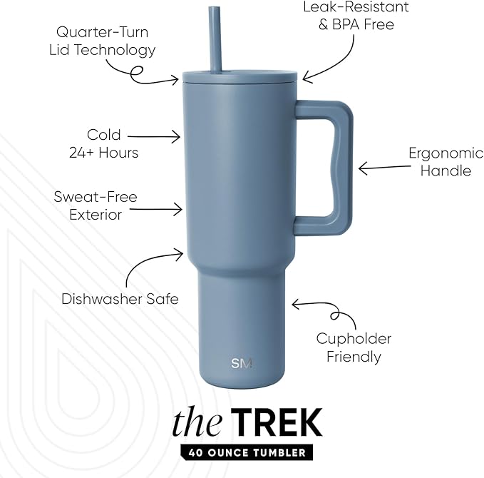 Simple Modern 40 oz Trek Tumbler with Handle and Straw Lid | Cup Holder Friendly Insulated Stainless Steel Travel Mug | Blue Dune SimpleModern
