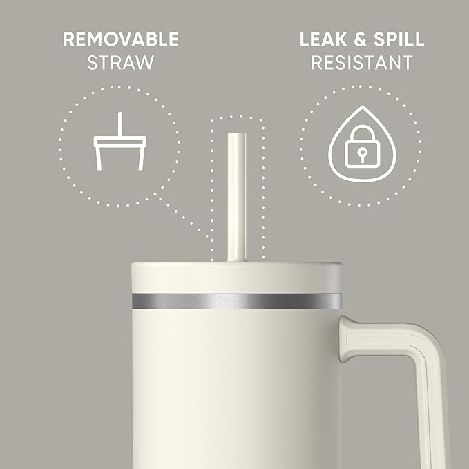 Hydrapeak Voyager 40 Oz Stainless Steel Tumbler with Handle, Insulated Water Bottle With Straw & Lid, Cupholder Friendly Reusable Travel Mug (Ivory) - Bloomnest