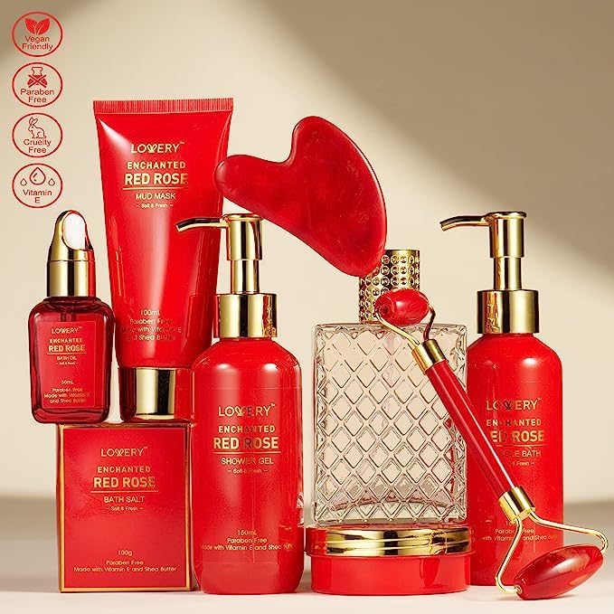 Valentines Day Gifts for Her, Red Rose Valentine Spa Gifts for Women, Bath and Body Gift Set, Pampering Gift Basket, Birthday Gifts for Mom with Perfume, Jade Roller, Quartz Gua Sha Stone & More - Bloomnest