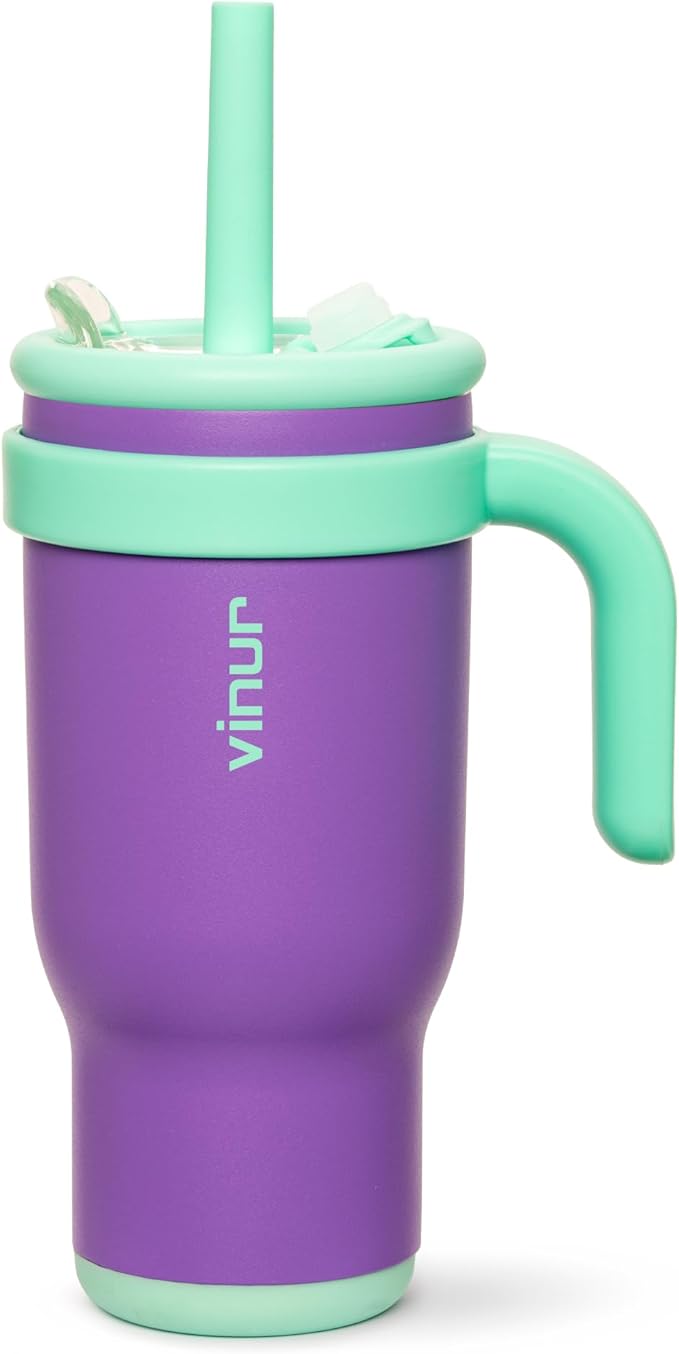 VINUR Kids Insulated Tumbler with Lid and Straw 17 oz-Spill Proof& Leak Resistant-Stainless Steel Vacuum Tumbler Travel Mug with Handle & Silicone Base-Cup Holder Friendly, Purple - Bloomnest