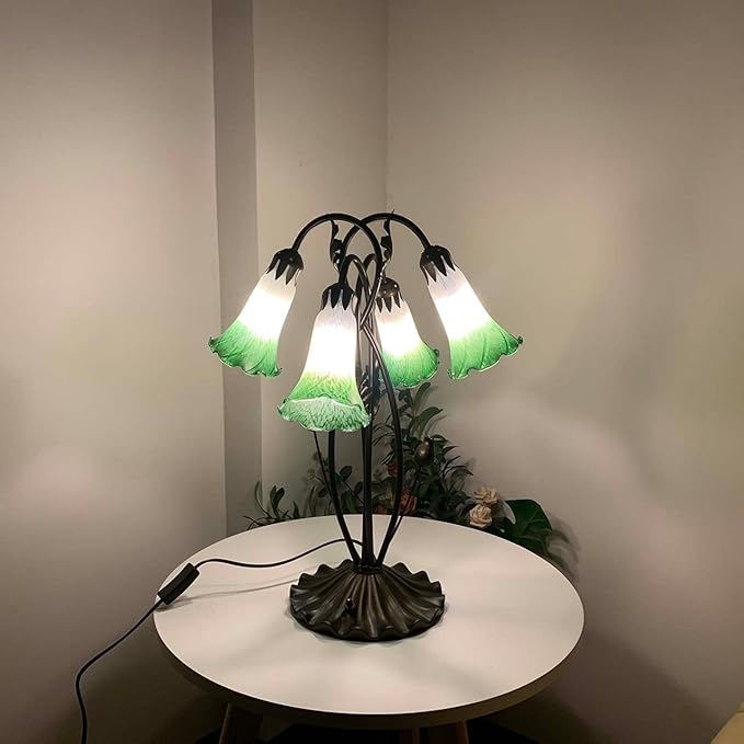 Bieye L10857 Lily Flower Blown Glass Accent Table Lamp for Living Room Bedroom Decoration (4-Light, Green) - Bloomnest