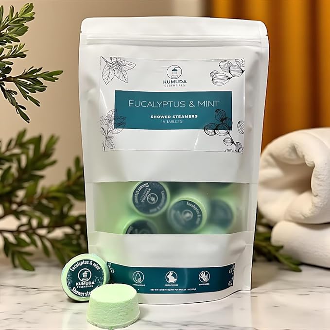 Kumuda Essentials Shower Steamers Pack of 15 Eucalyptus and Mint Aromatherapy Tablets Gift for Women, Birthday, Anniversary (30g Each) - Bloomnest