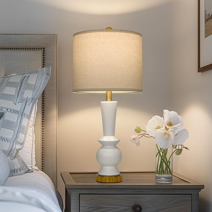 PORTRES 27" Modern Ceramic Table Lamp Set of 2 for Living Room White & Gold Bedside Lamps for Bedroom Nightstand Lamp Tall End Table Lamps - Bloomnest