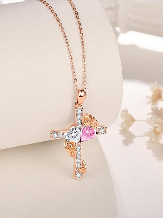 Rose Gold Dual Birthstones Cross Necklace for Women Rose Flower Jewelry Anniversary Christmas Mother's Valentine's Day Birthday Gift for Wife Girlfriend Mom - Bloomnest