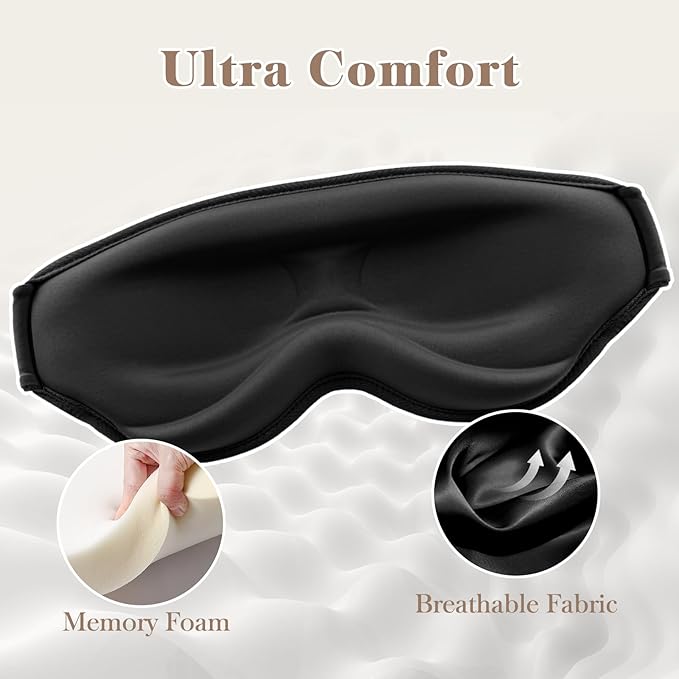 3D Cooling Eye Mask Sleep Mask for Men & Women, 100% Pressure-Free & Light Block-Out Eye Mask for Sleep with Easy Adjustable Strap, Night Eye Cover for Travel, Black - Bloomnest