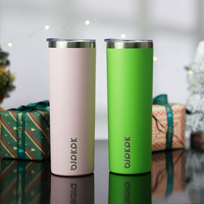 BJPKPK 20 oz Skinny Tumbler with Lid Slim Insulated Travel Coffee Cup Stainless Steel Thermal Mug,Green,Light Pink (Pack of 24) - Bloomnest