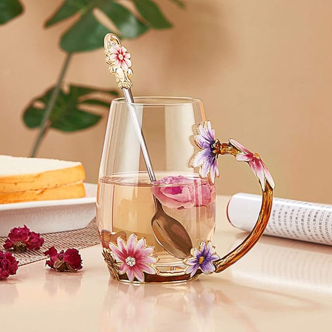 Luka Tech Enamel flower Lead-free Glass Coffee Mugs Tea Cup with Steel Spoon, Best Birthday Gifts For Women Wife Mom Friends Mothers Valentines Day Christmas - Bloomnest