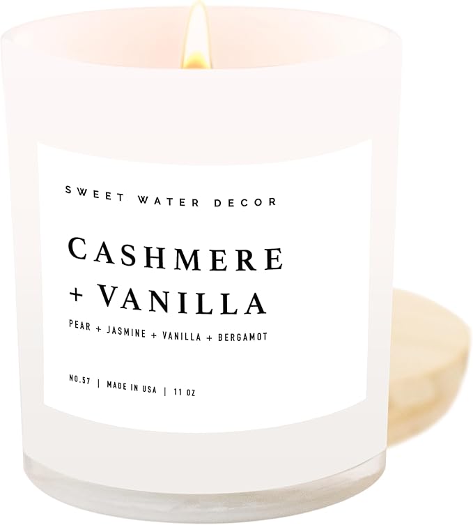 Sweet Water Decor Cashmere and Vanilla Soy Candle - Soft Cashmere, Sandalwood, Jasmine, and Vanilla Scented Candle for Spring - 11oz White Jar and Wood Lid, 50+ Hour Burn Time, Made in The USA - Bloomnest