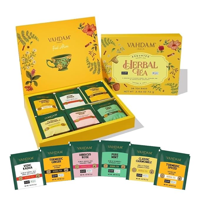 VAHDAM, Assorted Herbal Tea Variety Pack (6 Variants, 36 Tea Bags) Caffeine Free, Gluten Free, Non GMO | Eco Friendly Long Leaf Pyramid Tea Bags I Tea Gift Sets for Men and Women - Bloomnest