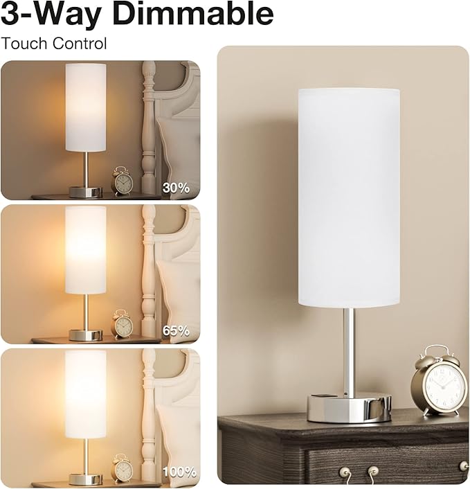 White Bedside Touch Table Lamps for Bedroom Nightstand with USB-C USB-A Charging Ports White, 3 Way Dimmable Control Small Lamp Silver Base for Office, Living Room, Reading - Bloomnest