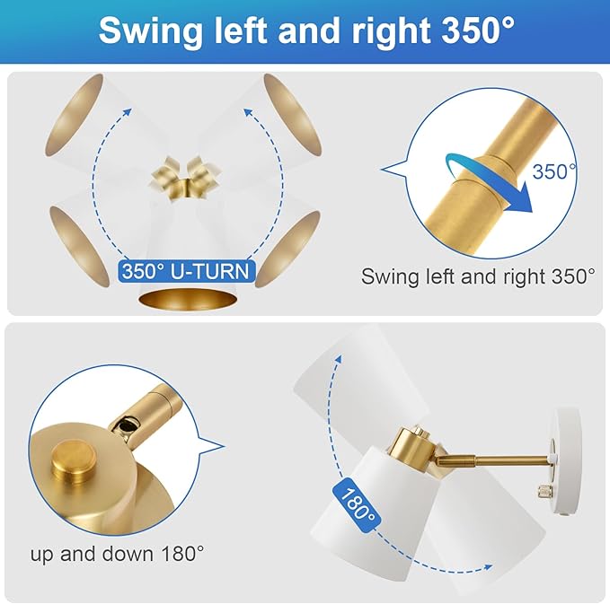 Plug in Wall Sconces, Dimmable Wall Sconces Adjustable Wall Lights with Plug in Cord and Dimmer On/Off Knob Switch, White Wall Mounted Light for Bedroom Bedside Stairway(2 Pack, 2 Bulbs) - Bloomnest