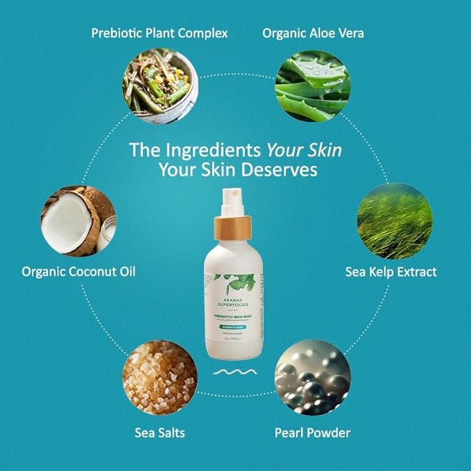 Akasha Prebiotic Skin Mist 3.4oz I Organic Facial Mist, Sea Kelp Extract, Face Spray for Naturally Restoring the Skins Microbiome, Dewy, Help Acne, Psoriasis & Sunburn*, Anti Aging Skin Care Products - Bloomnest