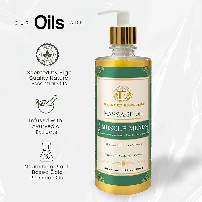 Muscle Recovery Massage Oil by Enhanced Essentials |Deep Restorative Formula with Ayurvedic Extracts,Pure Essential Oils & Vitamin E |Relieves Fatigue,Soothes Post-Workout Strain |16.9 fl oz (500ml)