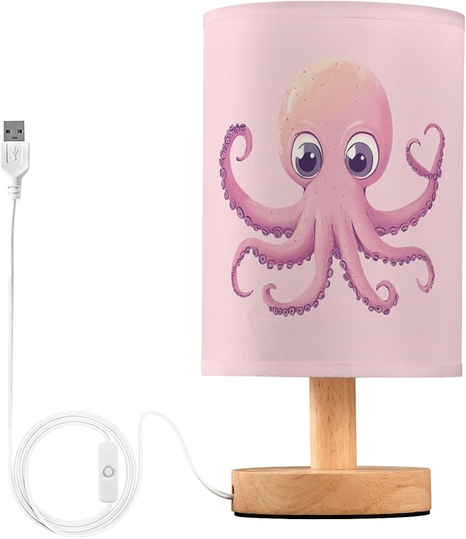 Table Lamp Marine Octopus You Octopi My Heart Quote Design on Pink Nightstand Lamp with Wood Base Fabric Lamp Shade Bedside Desk Lamp for Living Room Bedroom Kids Room Office - Bloomnest