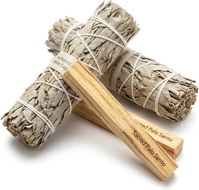 New Age Smudges and Herbs Smudge Kit - 2 California White Sage Smudge Stick for Cleansing (Salvia Apiana) with 2 Palo Santo Incense Sticks (Holy Wood) - Sage Bundles …