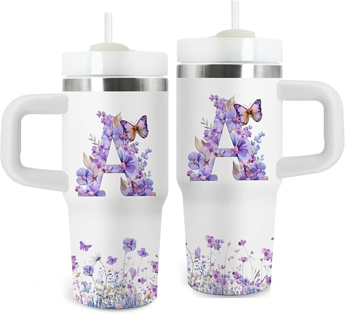 Letter A Tumbler Gifts, 14oz Letter A Themed Tumbler with Handle and Straw, Stainless Steel Double Wall Vacuum Insulated Cup Keep Hot Cold - 14oz Travel Mug with Lid Tumblers for Home Work Outdoor Use - Bloomnest