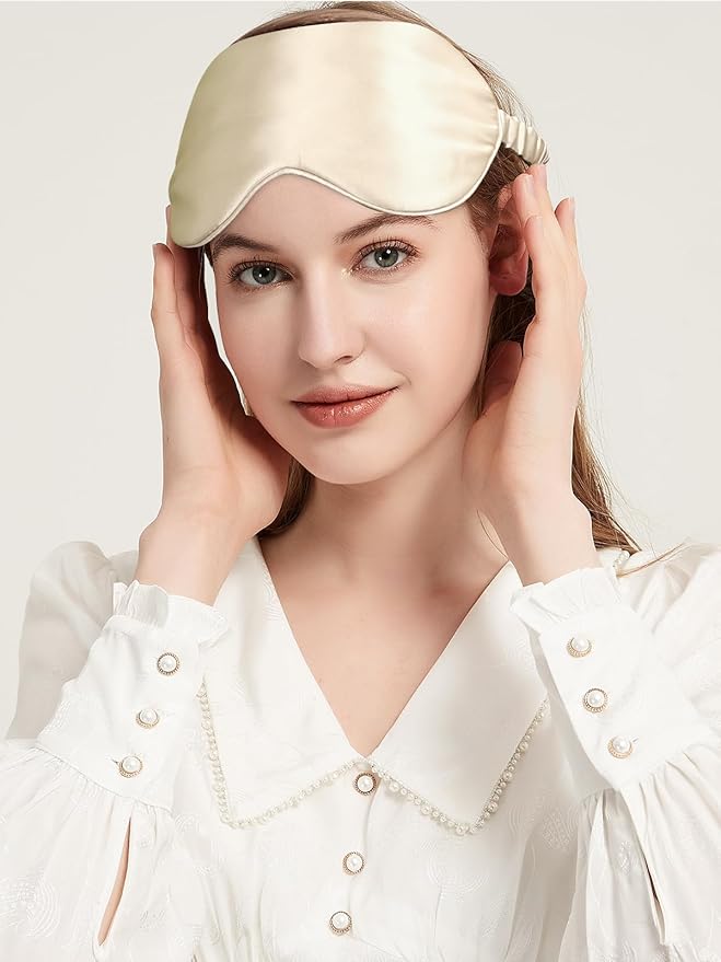 100% Mulberry Silk Eye Mask for Sleeping with Silk Wrapped Adjustable Strap,Beige - Bloomnest