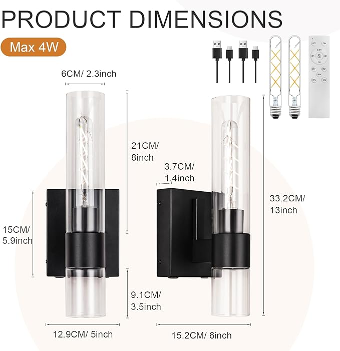 BELS Battery Operated Wall Sconces Set of Two, 13 Inch Black Wireless Wall Light with Clear Glass, Dimmable, 4000K, Remote Control, Rechargeable Wall Sconce for Bedroom, Living Room, Hallway - Bloomnest