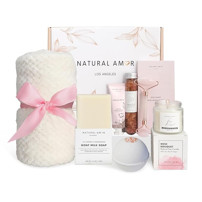 Natural Amor Spa Gift Set with Blanket 7 PCs– Handmade Bath & Body Self-Care Box – Includes Bath Bomb, Candle, Soap, Hand Cream – Perfect for Relaxation & Gifting - Bloomnest