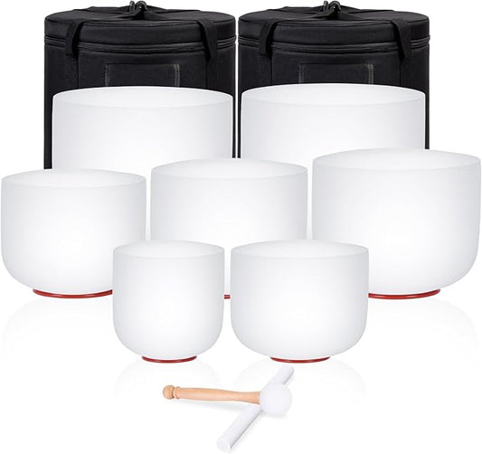 432HZ 6-12 Inch Set Of 7 PCS Frosted Chakra Quartz Crystal Singing Bowls For Sound Healing Free 2 PCS Travel Carry Case Bag1pcs crystal mallets 1pcs Rubber Mallet Unique Spiritual Gifts